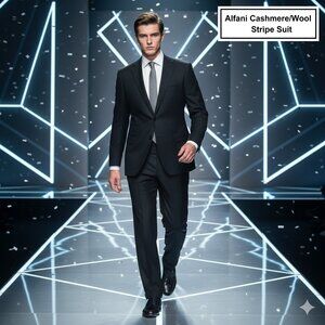 NWOT Alfani Men's 2PC Suit 46R 44x32 Cashmere/Wool Black Striped 6-Pocket Luxury